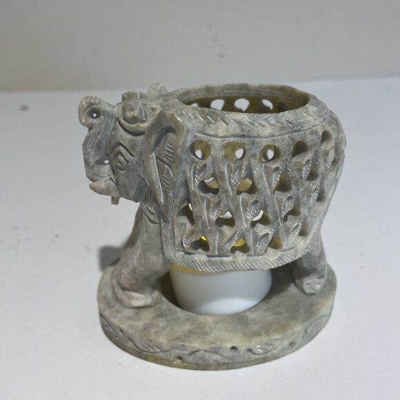 Carved Filigree Soapstone Elephant Figurine Candle Holder Votive Tealight India - Picture 4 of 10